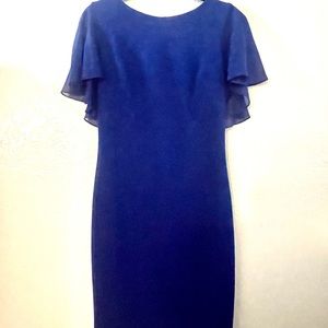 CALVIN KLEIN Royal Blue Sheath Dress with Chiffon Flutter Sleeves